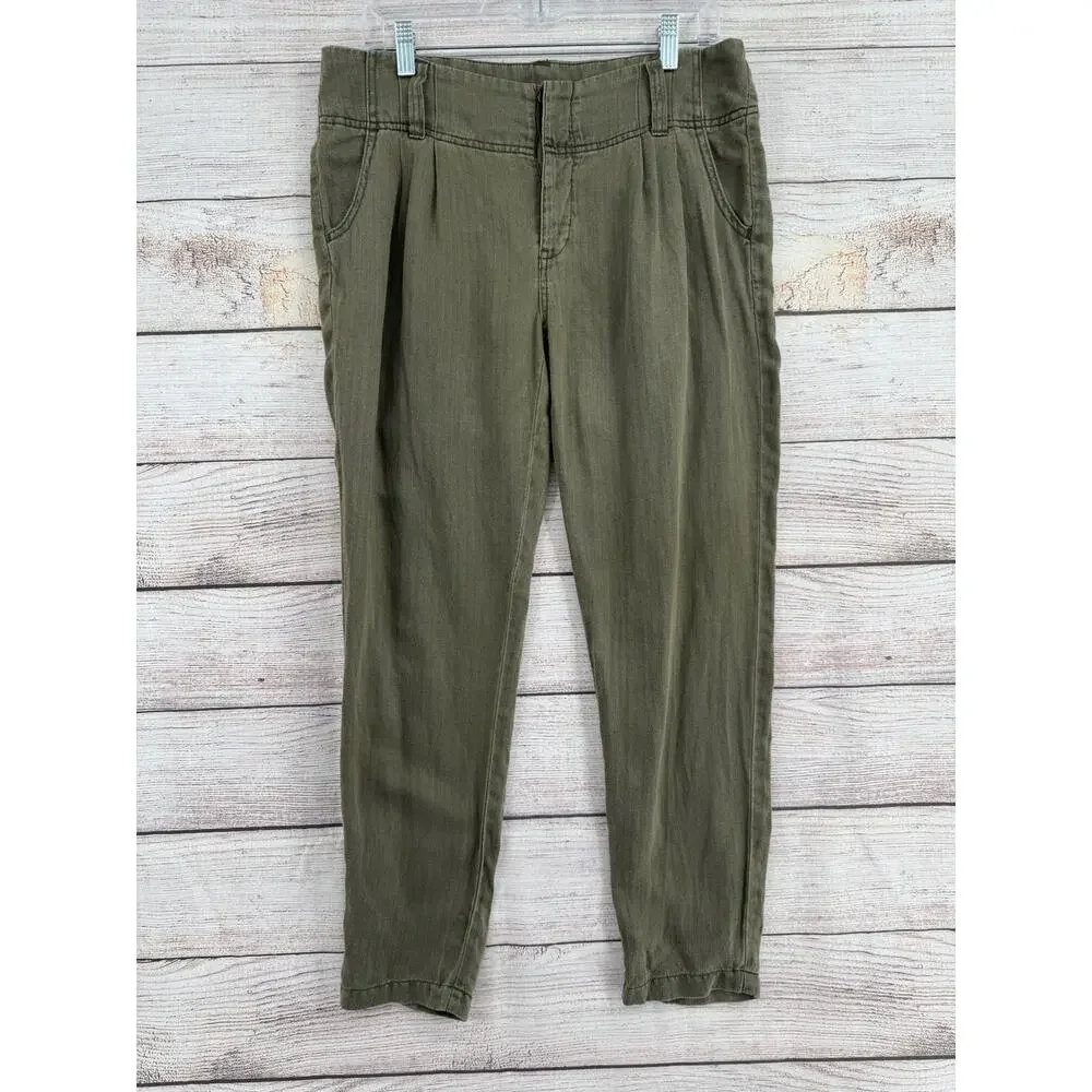Free People Pants Womens 6 Green Cropped‎ Pleated Linen Blend Relaxed Casual